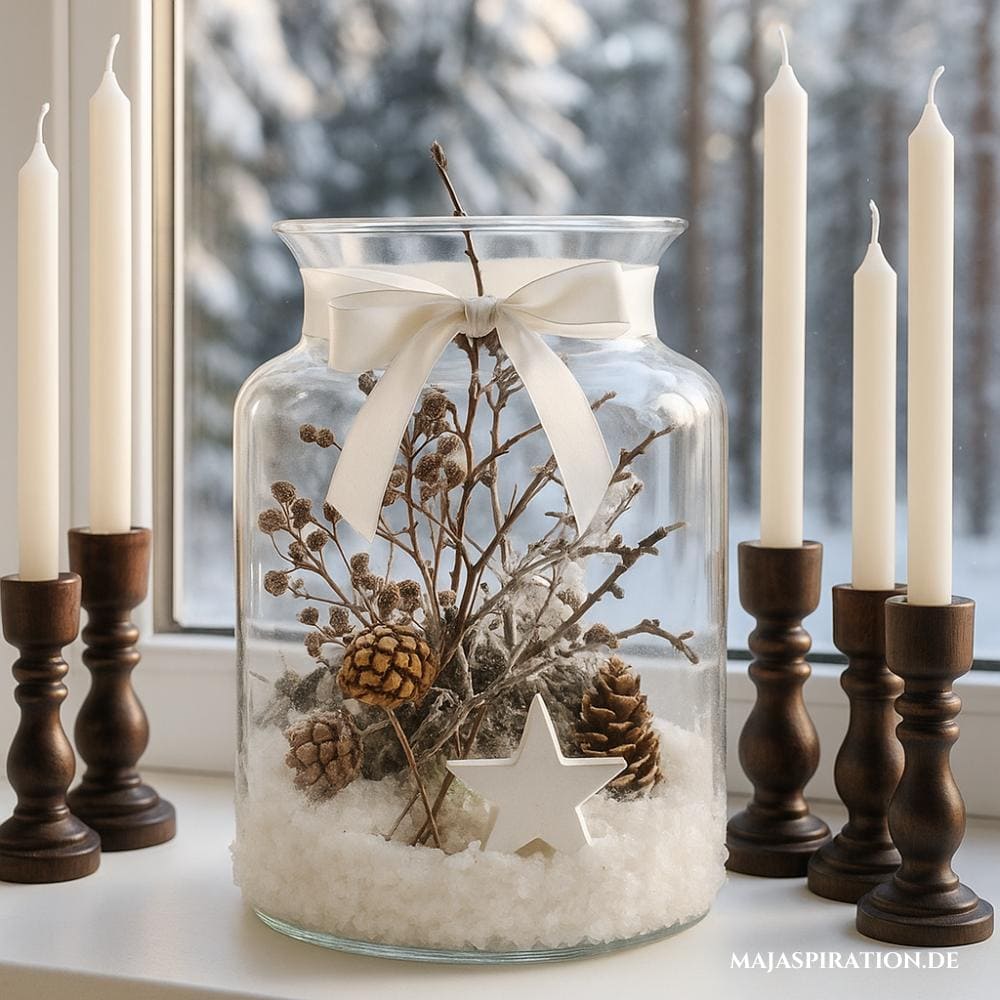 Winterdeko für die Fensterbank mit Schnee und Zweigen im Glas