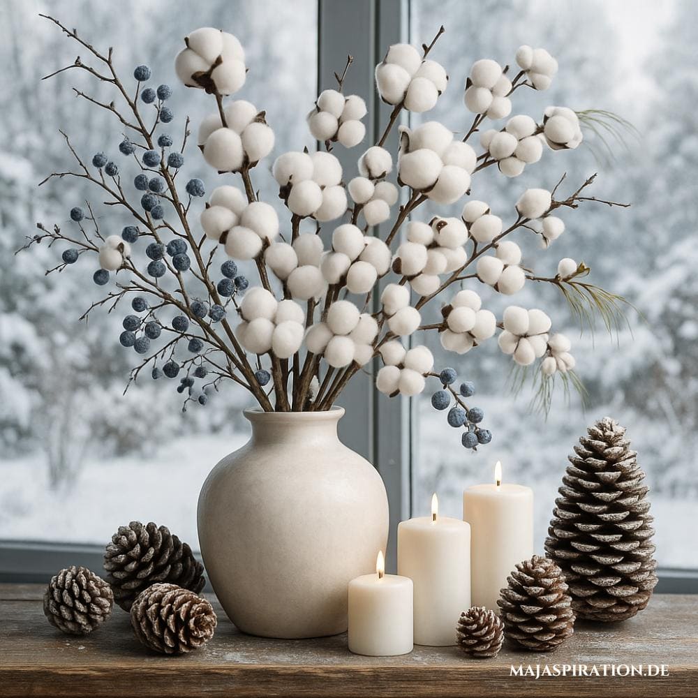 Weiße Vase mit blauen Beeren-Zweigen und Baumwollzweigen als Winterdeko
