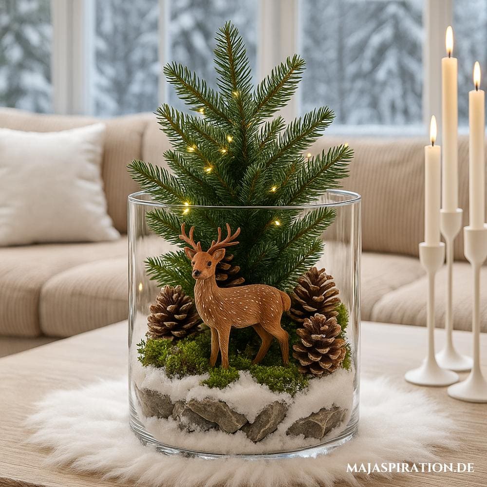 Winter Deko Idee mit verschneiter Waldlandschaft im Glas