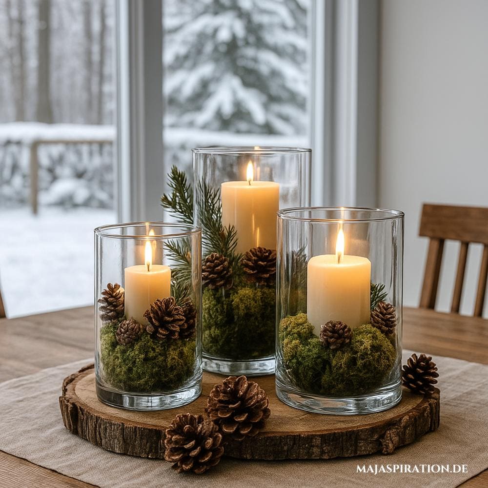 Stilvolle Winterdeko auf Holztablett mit Moos-befüllten Windlichtern aus Glas