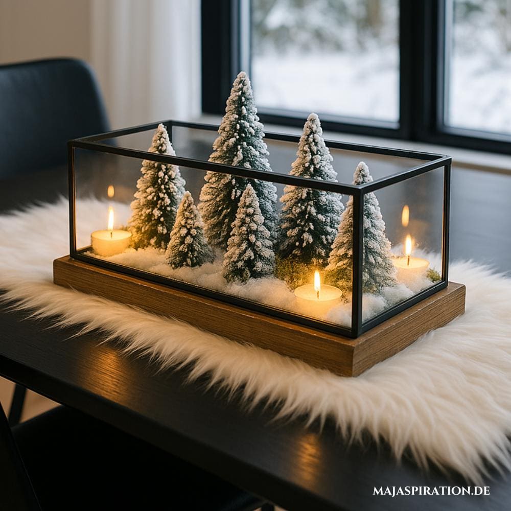 Waldlandschaft im Schnee und Kerzen im Deko Glaskasten als Tischdeko Idee im Winter
