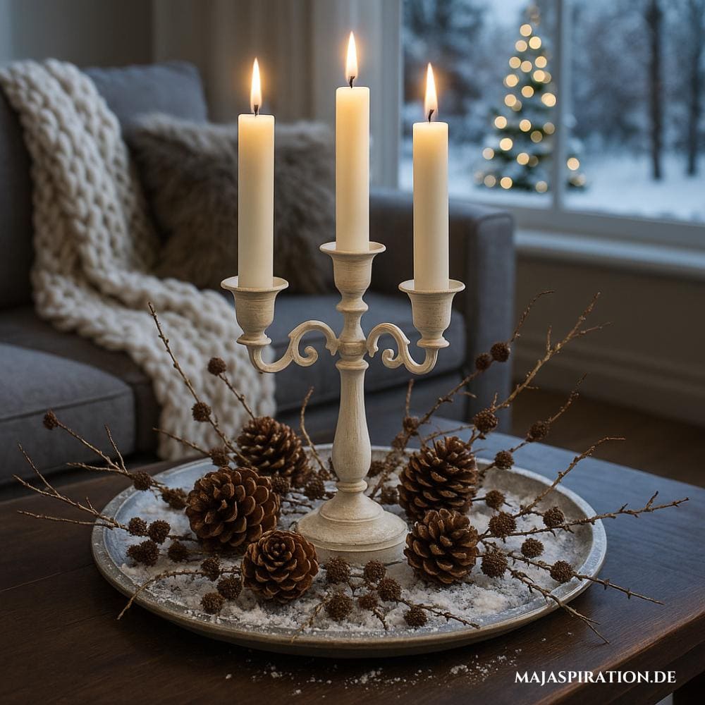 Winterliches Deko Tablett mitZweigen und Kerzenständer