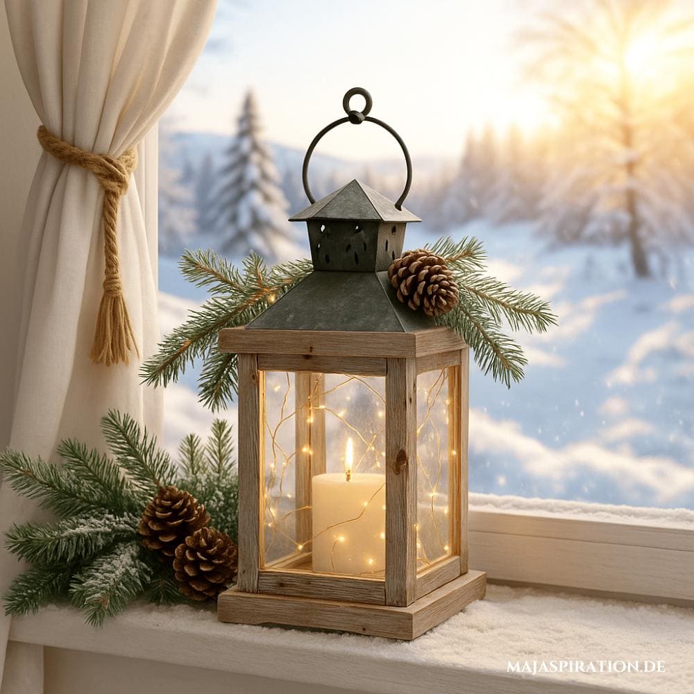 Schlichte aber schöne Winterdeko mit Holzlaterne und Zweigen