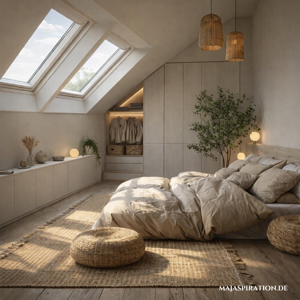 Schlafzimmer im Dachgeschoss mit Bett Richtung Fenster ausgerichtet
