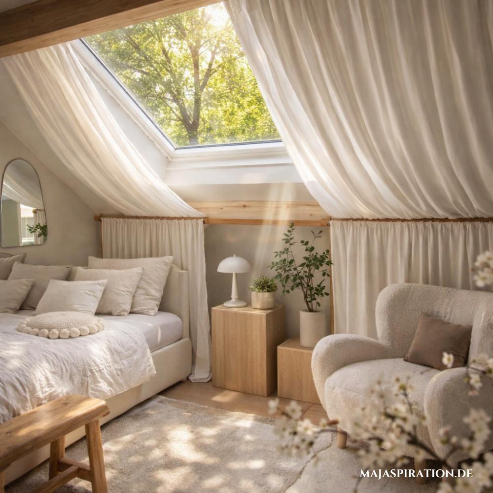 Dachschräge mit Vorhängen hinter Stange gestalten