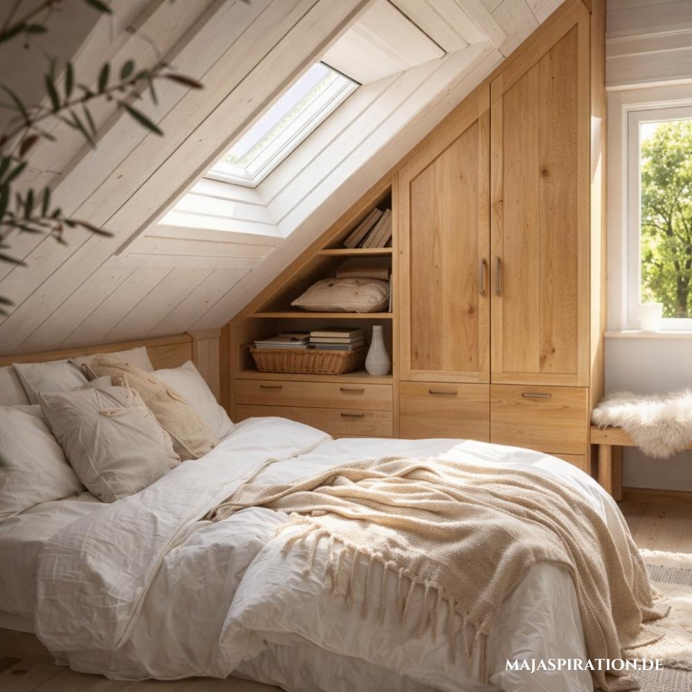Einbauschränke und -Lösungen für Dachschrägen mit Bücherregal und Sitzbank in Naturtönen