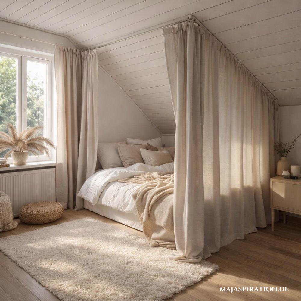 Bett unter Dachschräge mit Vorhang als Abgrenzung in sanften Erdtönen