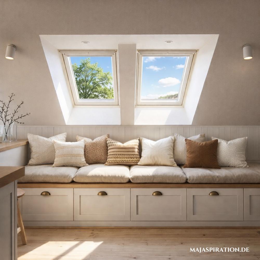 Sitzbank unter Dachschräge mit Kissen und Stauraum