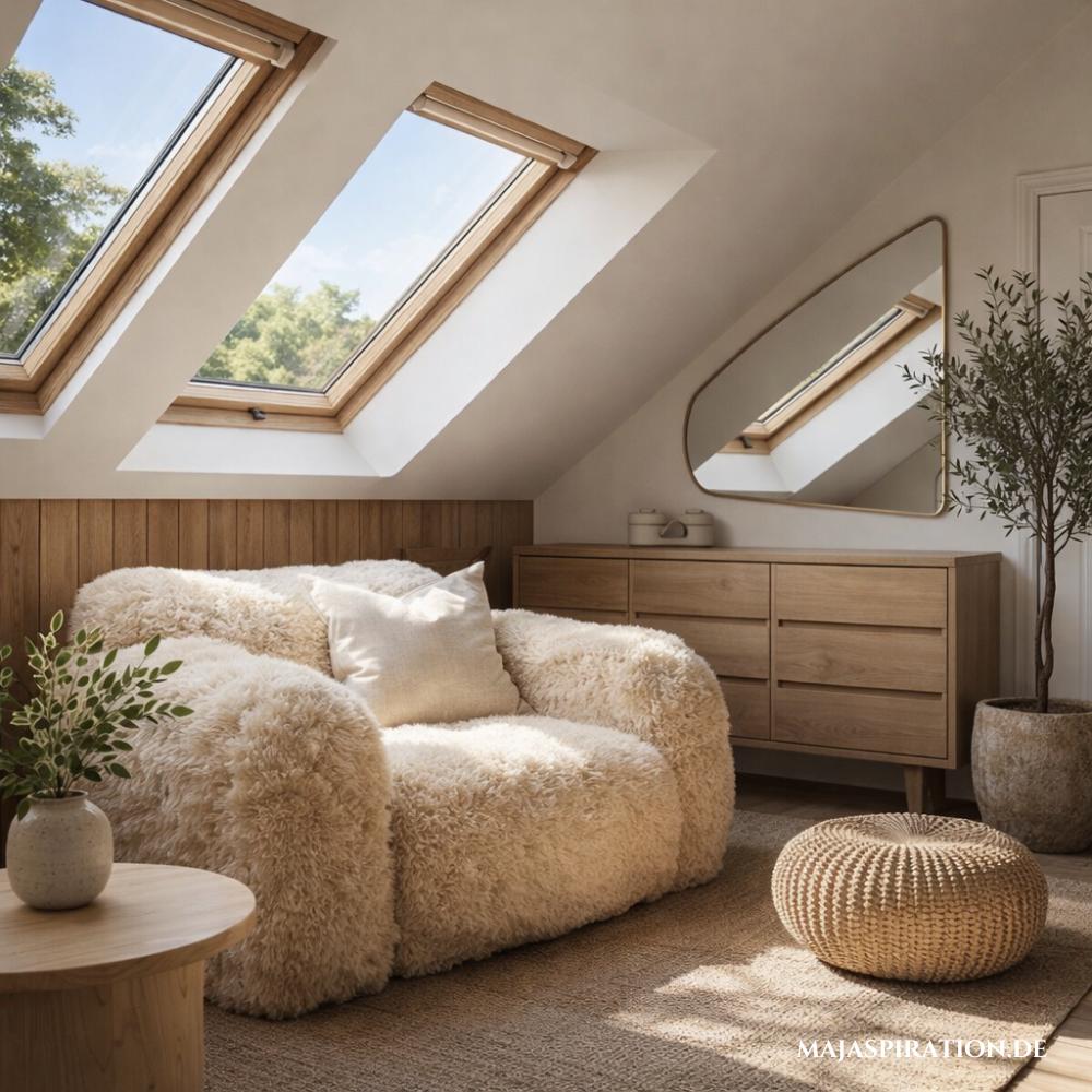 Stilvolle Dachwohnung mit Holzvertäfelung unter der Schräge und Teddyfell Sessel