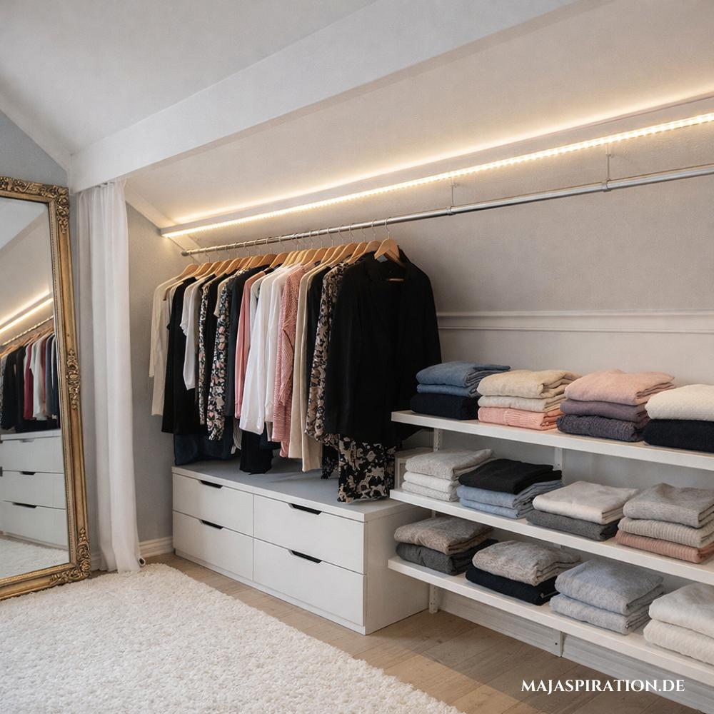 Dachschräge als Kleiderschrank nutzen mit Kleiderstange und Regalbrettern hinter Vorhang