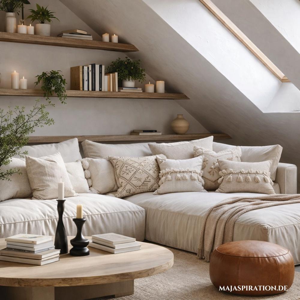 Dachgeschoß einrichten und gestalten mit Wandregalen an der geraden Wand