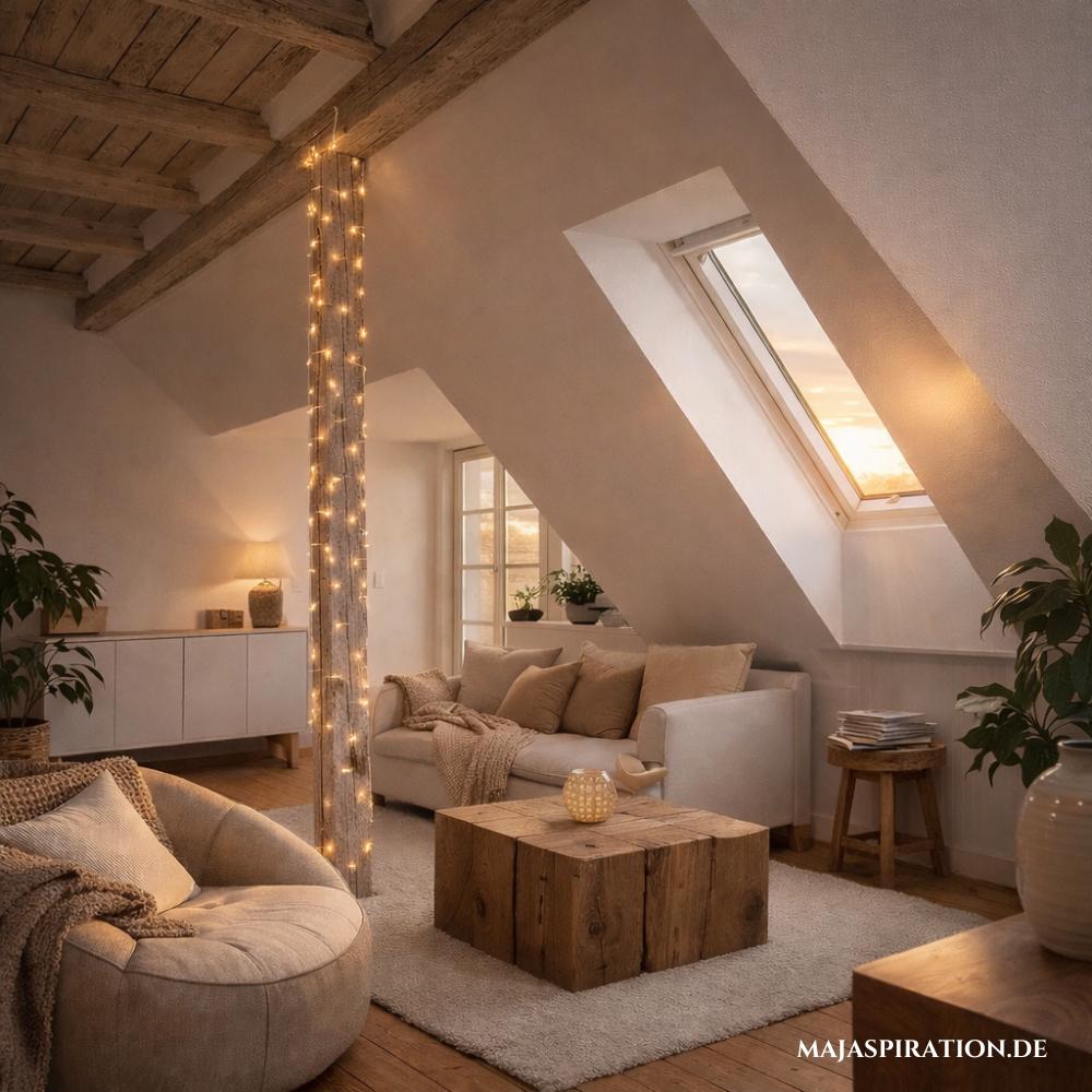 Stilvoll eingerichtete Dachgeschoß-Wohnung mit Standsäule, die mit Lichterkette umwickelt ist und Wandleuchten an der Schräge