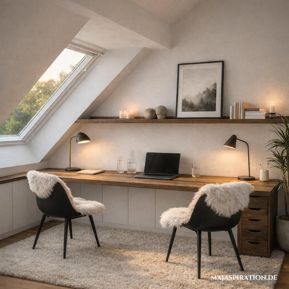 Eleganter Schreibtisch unter einer Dachschräge eingerichtet