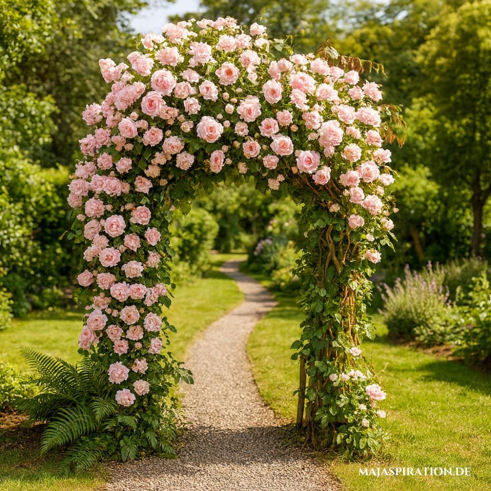 Mit rosa Blumen bewachsener Spalierbogen über Gartenweg