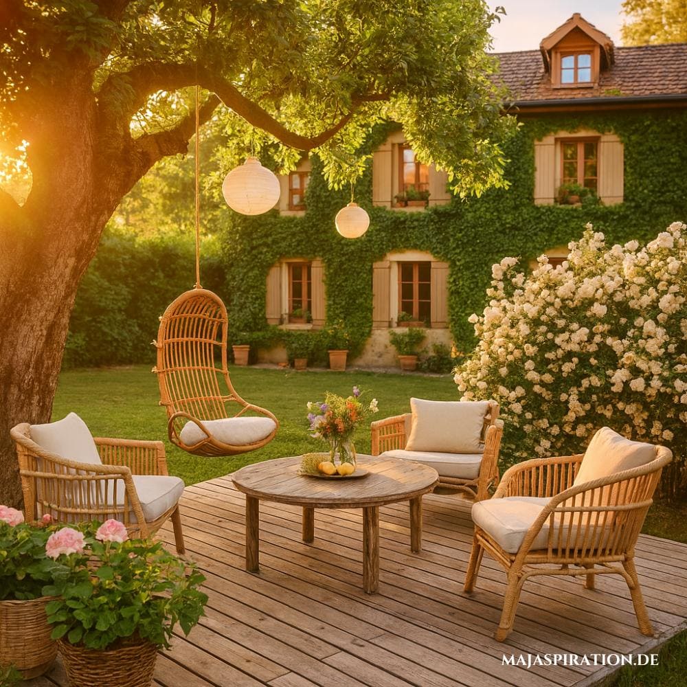 Kleine Holzterrasse als Garteninsel mit Sitzmöbeln aus Rattan und weißen Lampions 