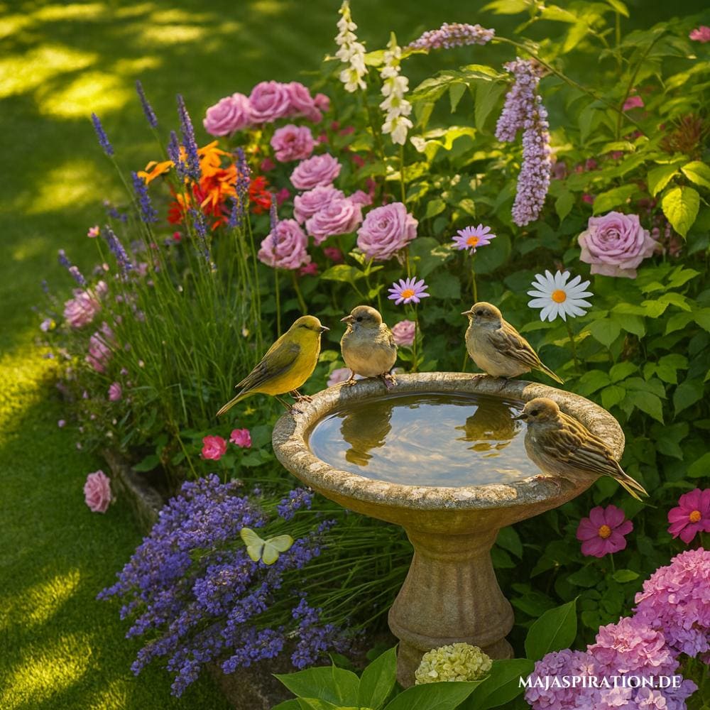 Vogeltränke aus Stein in sonnigem Garten im bunten Blumenbeet