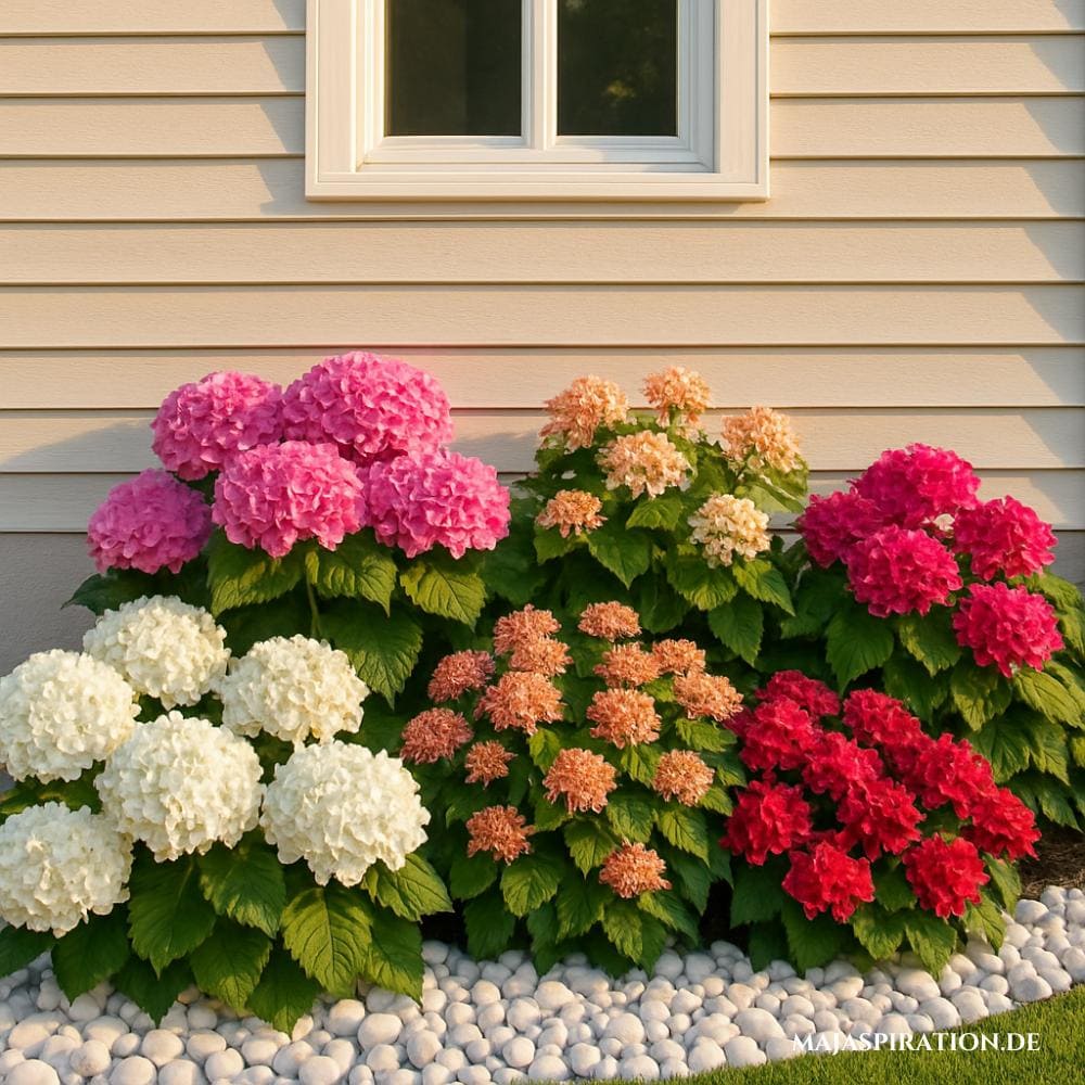 Blumenbeet mit weißem Kies vor Hauswand