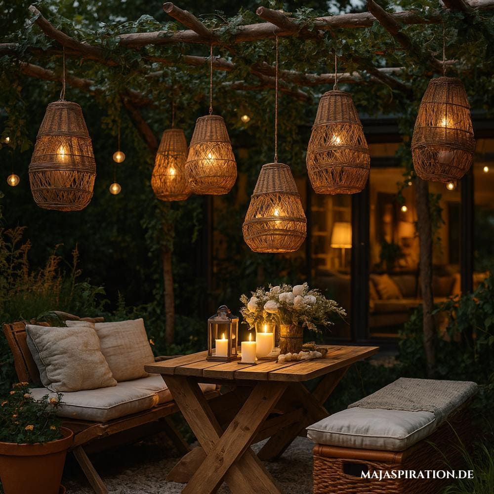 Sitzecke im Garten unter Efeudach mit Rattanleuchten und Sitzmöbeln auf Kies