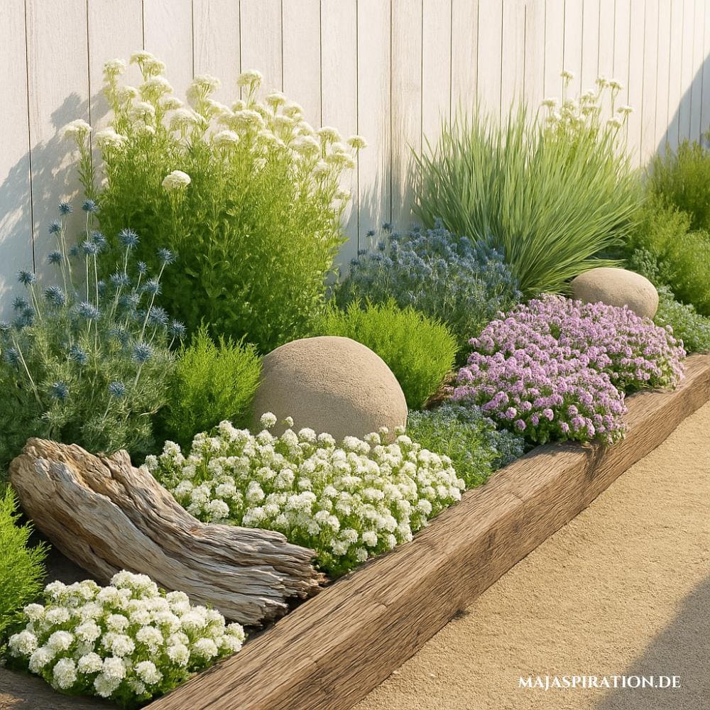 Gartenbeet mit Holzstamm als Begrenzung und Sand vor weißem Zaun