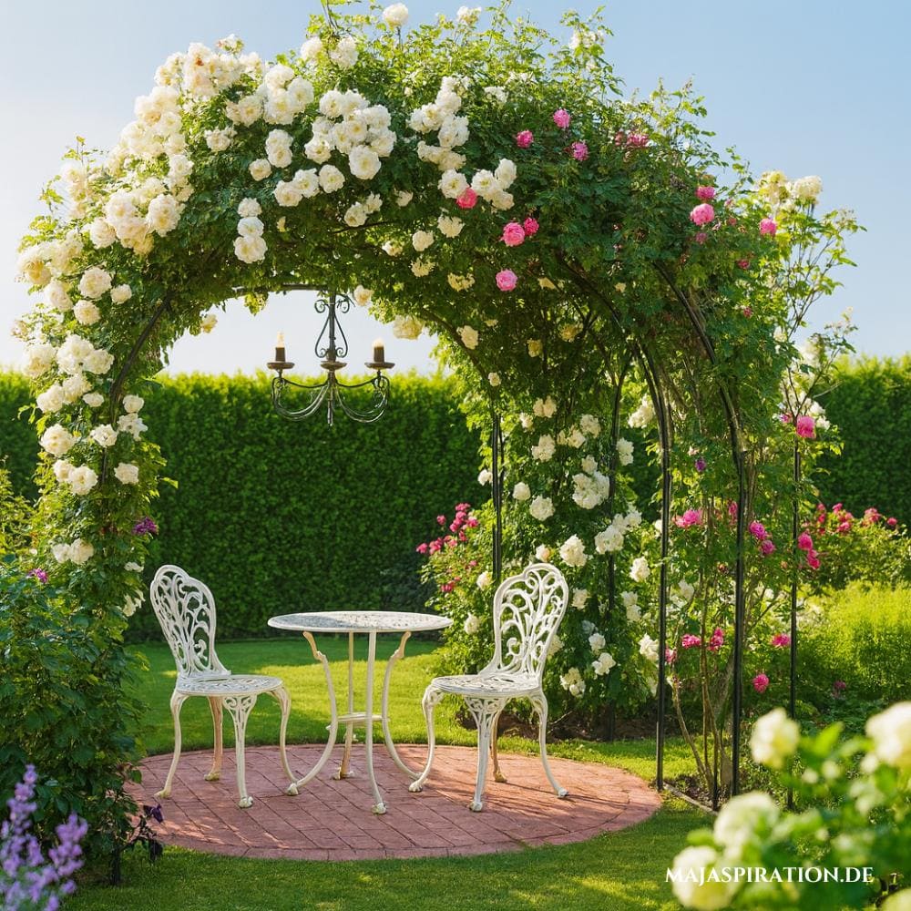 Kleine Sitzecke im Garten unter mit Blumen bewachsenem Pavillon aus Metall