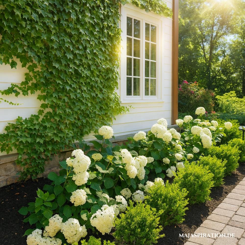 Weißes Blumenbeet mit schwarzem Mulch vor weißem Haus mit kleinen Buschhecken und Steinweg
