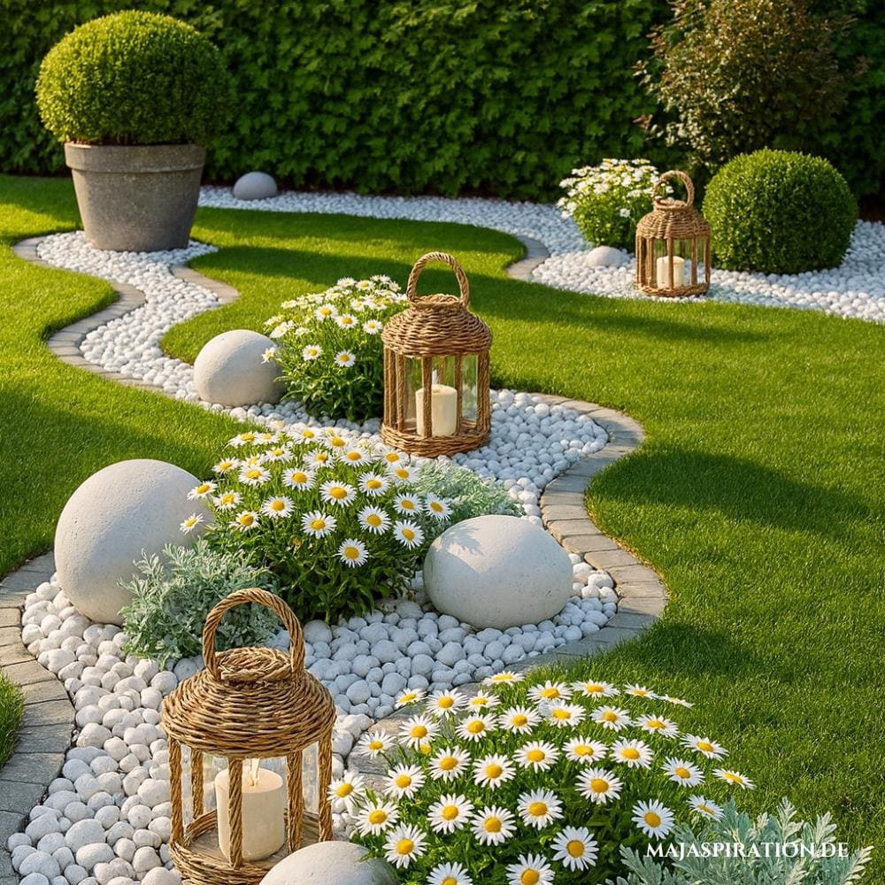 Stilvolle Gartengestaltung mit welligem Kiesbeet durch den Garten mit Rattanlaternen