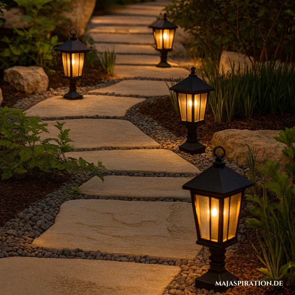 Gartenpfad gesäumt mit kleinen Solarlaternen als Idee für die Gartengestaltung