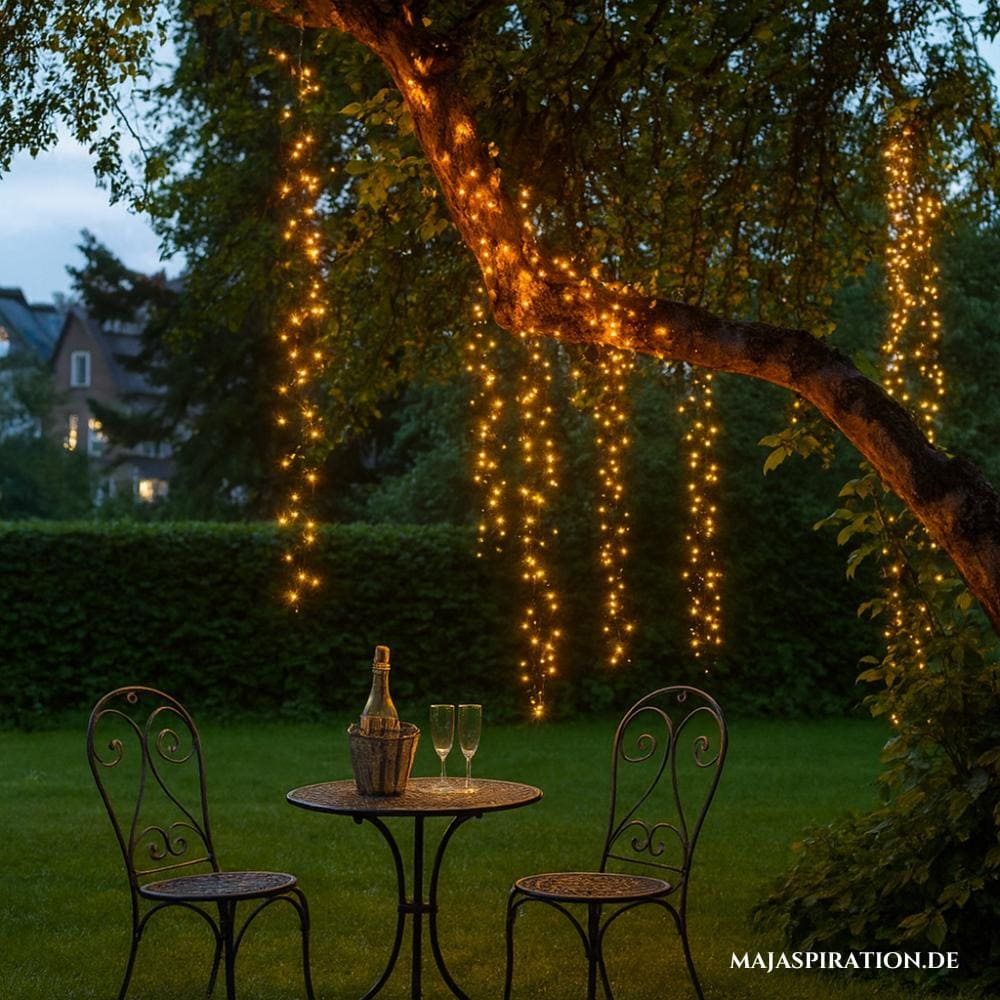 Magische Lichterketten in Bäumen als Idee für die Neugestaltung des Gartens