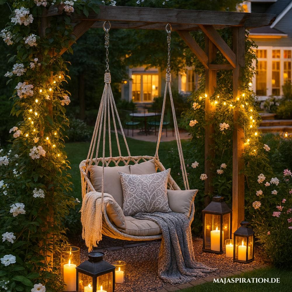 Hollywoodschaukel als Sitzecke im Garten mit Kletterrosen und Laternen