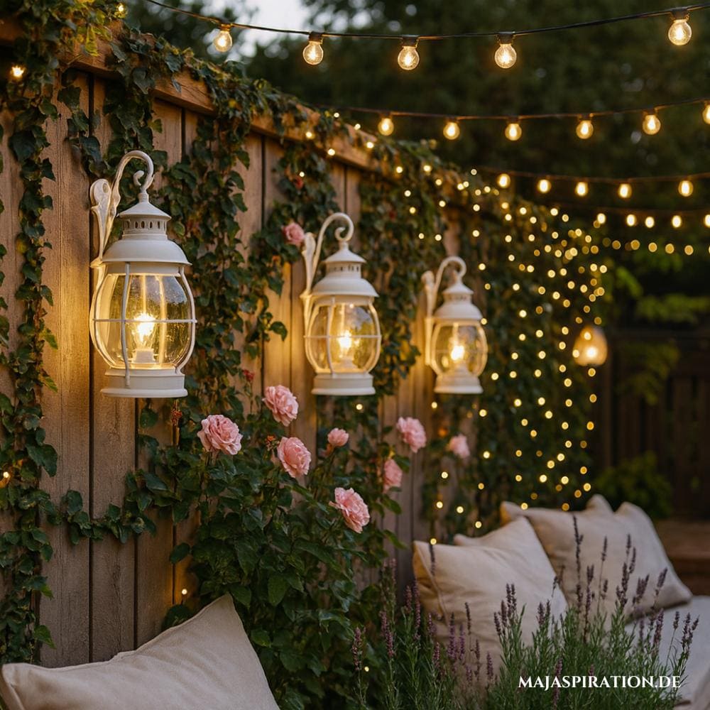 Garten-Sichtschutz aus Holz dekoriert mit Laternen-Wandleuchten und Efeuranken, sowie Lichterketten