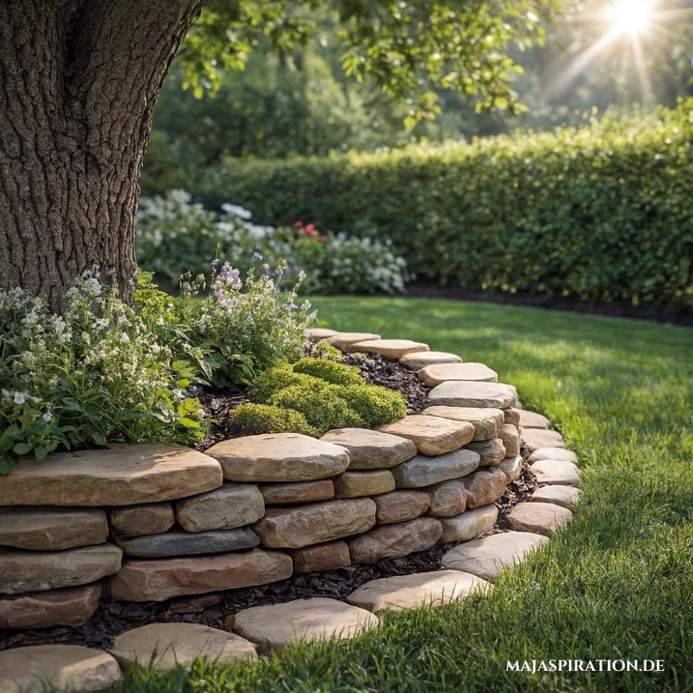 Steinblock-Beet um Baum herum als Idee für die Gartengestaltung