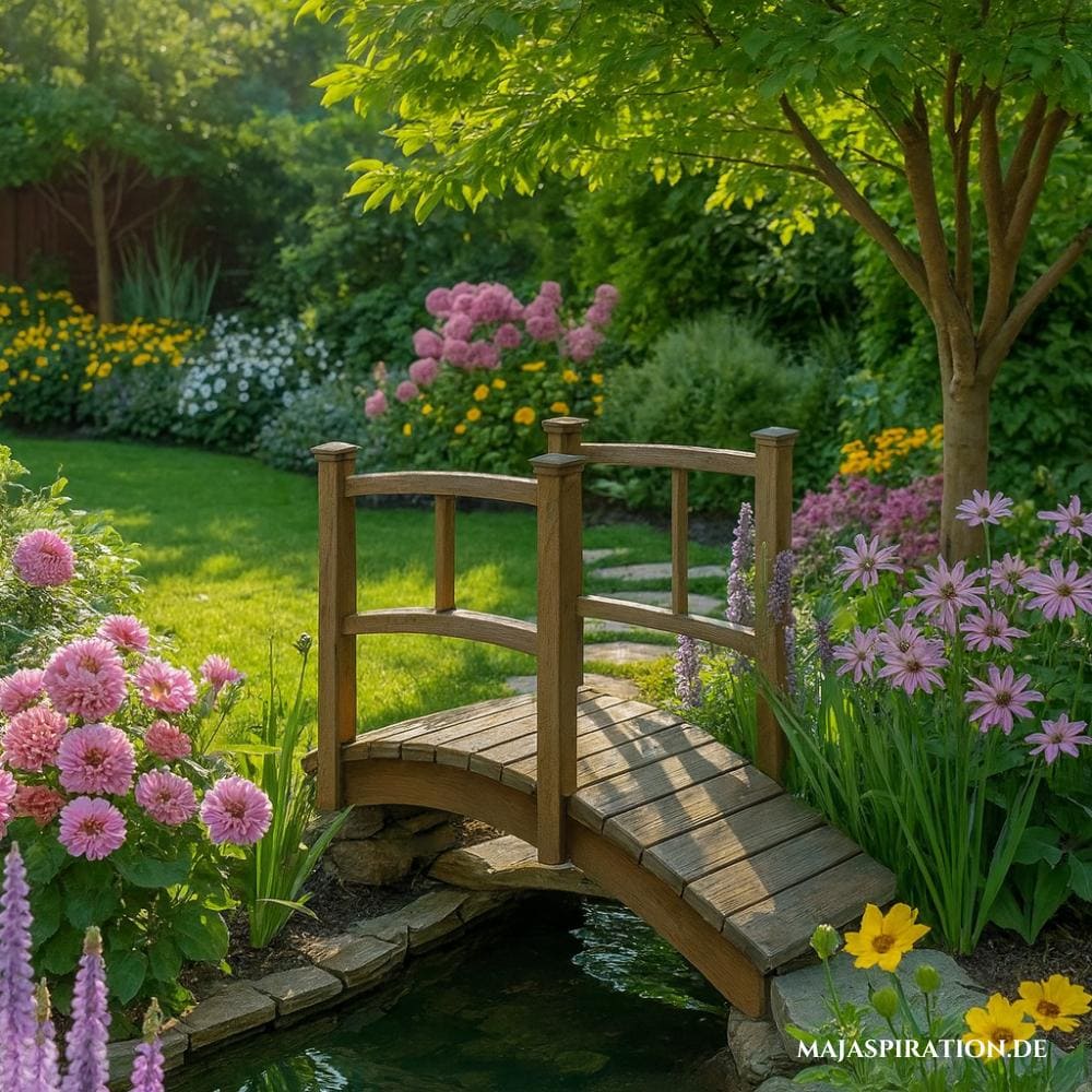 Kleiner Gartenteich mit Holzbrücke als romantische Idee für die Gartengestaltung mit Wasser