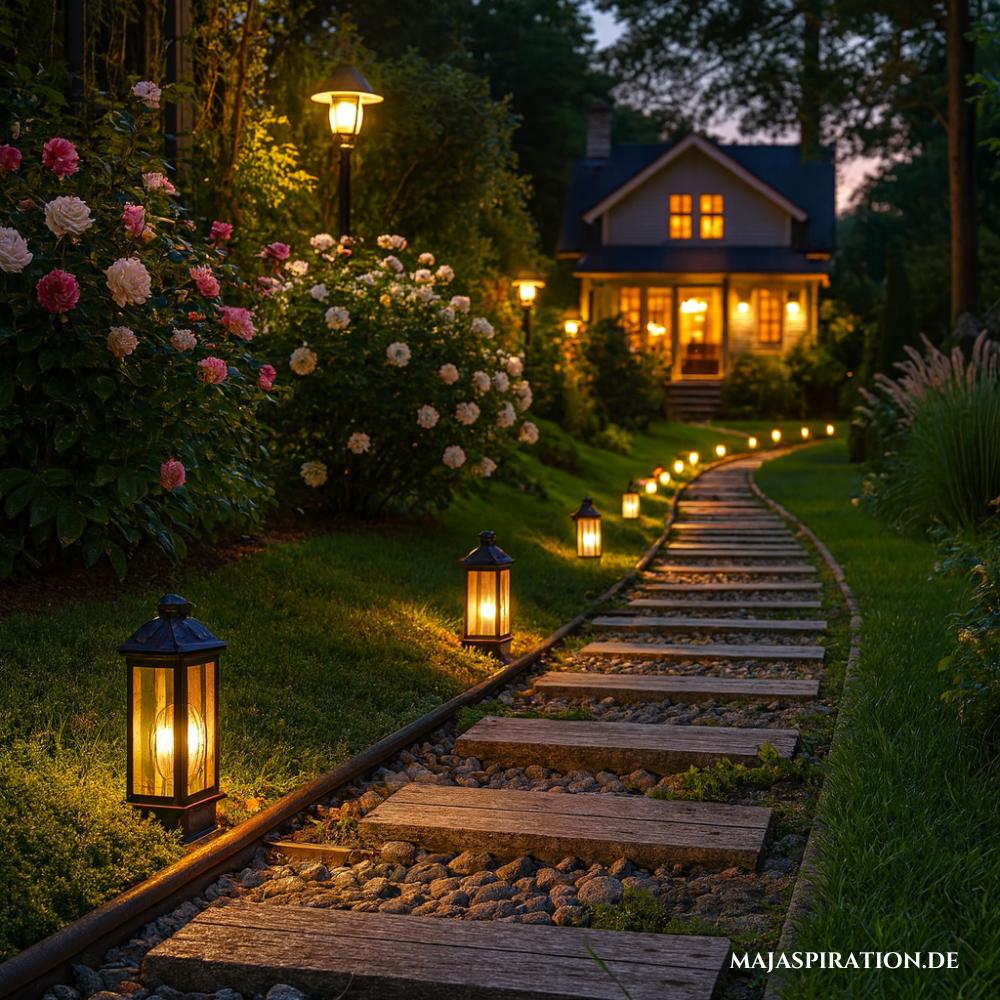 Gartenweg in Zuggleis-Optik mit Laternen gesäumt