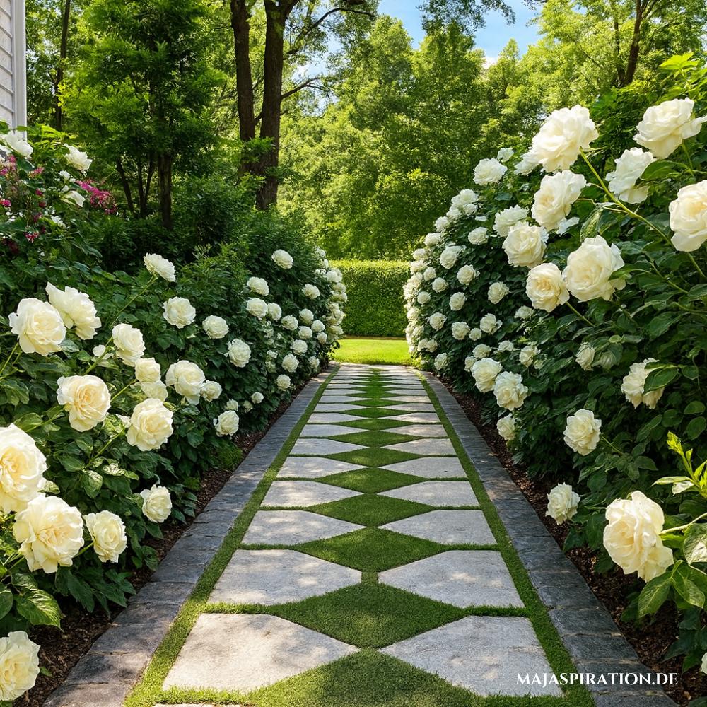 Schöner Gartenweg aus Gras und Steinplatten in elegantem Muster und gerahmt von Rosenbüschen