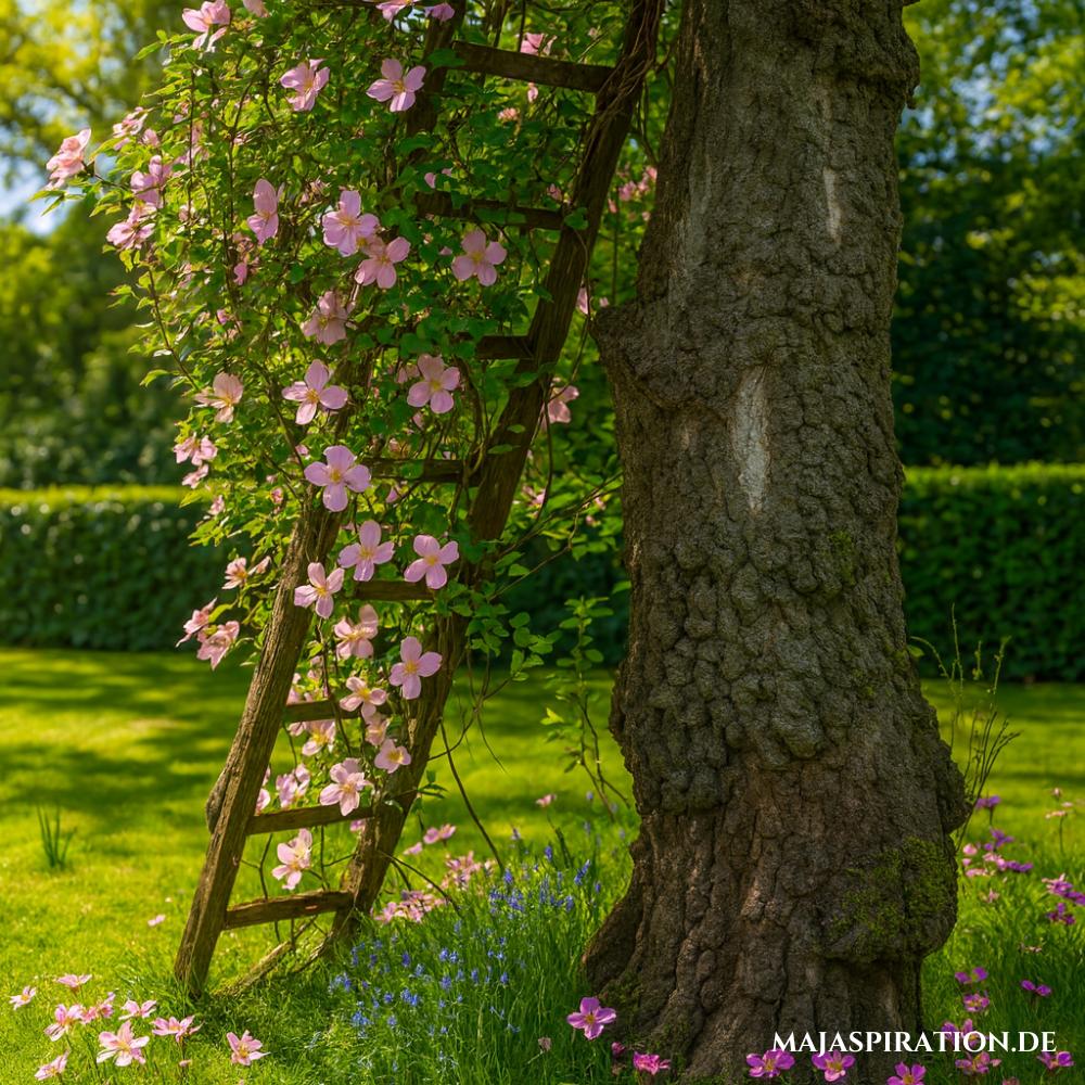 Mit Blumen und Ranken verwachsene Holzleiter, die an einen Baum lehnt, als Gartendekoration