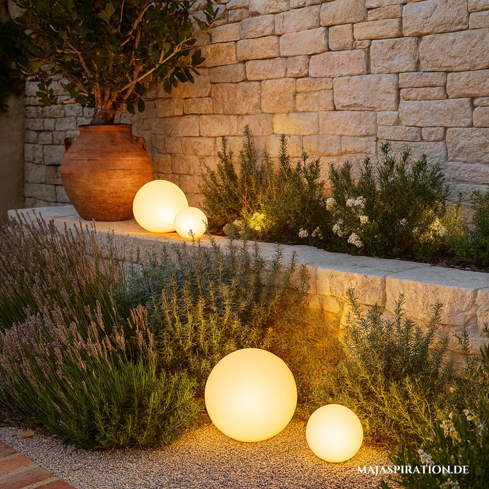 Garten mit Steinmauer dekoriert mit leuchtenden Dekokugeln