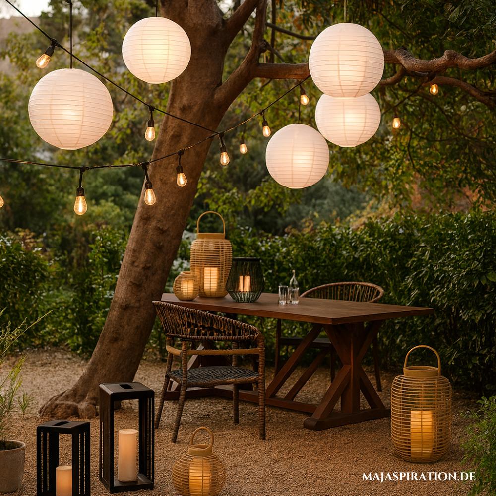 Solarlaternen und Lampions als Gartenbeleuchtung und Dekorationsidee für den Außenbereich