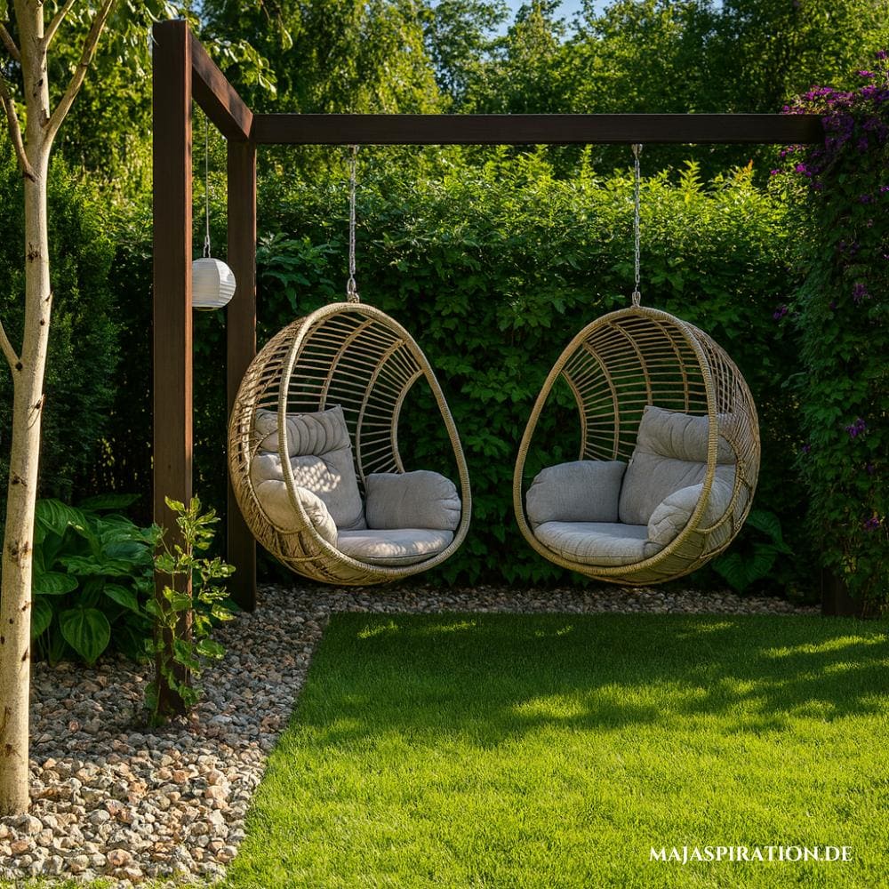 Gartenecke mit Kies und zwei Hängesesseln