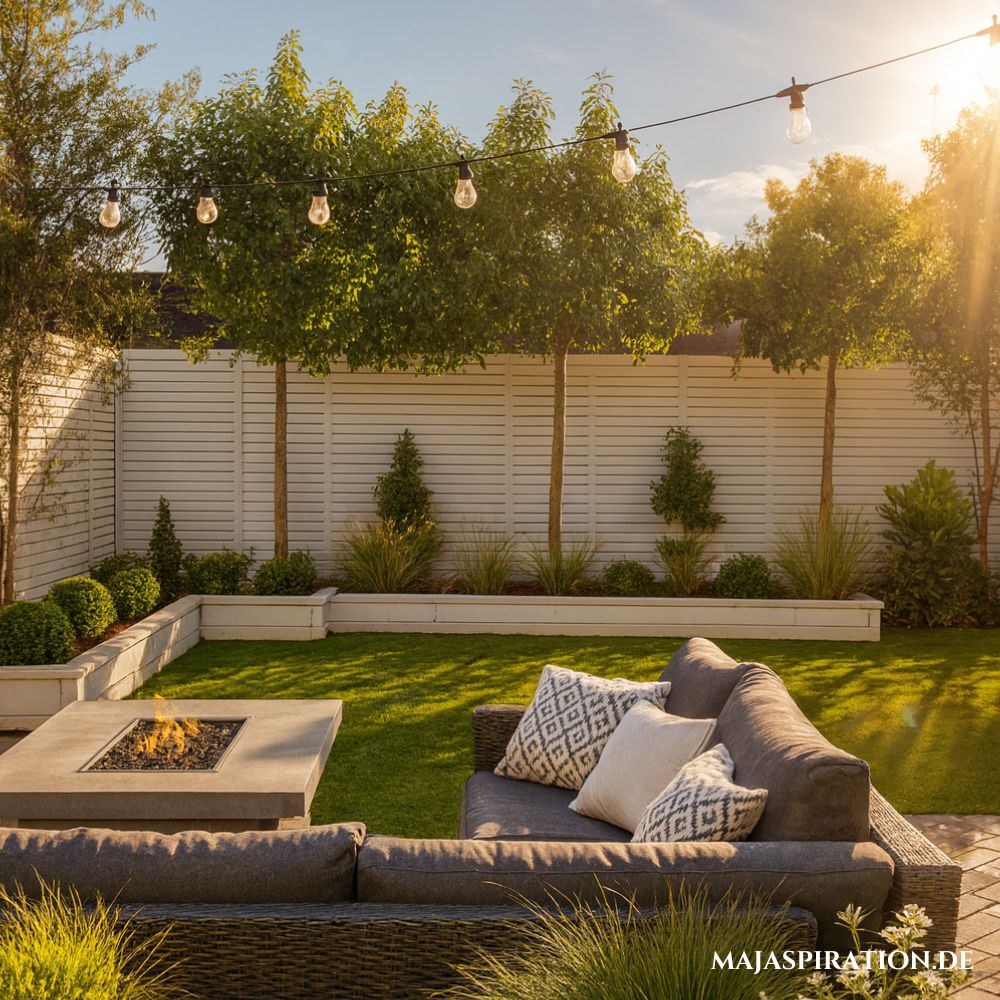 Schöner Garten mit Sichtschutz aus Holzwänden und kleiner Sitzecke