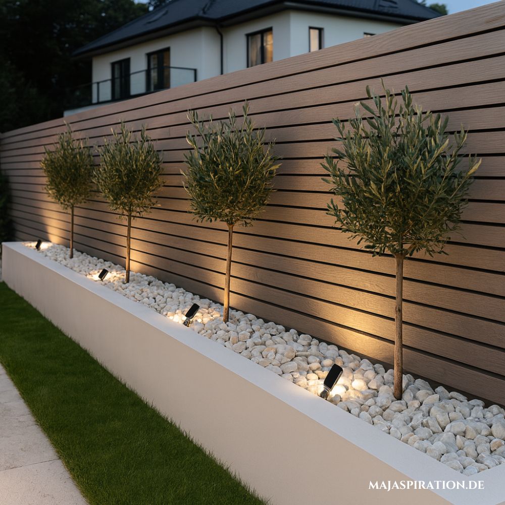 Sichtschutz im garten mit Olivenbäumen und Kies