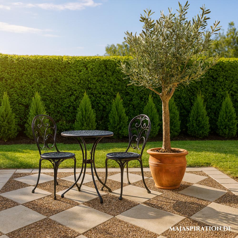 Sitzecke auf kariertem Kies-Steinboden im Garten im mediterranen Look