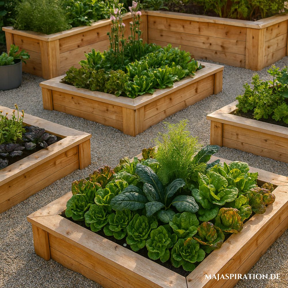 Kleiner Garten mit Kräuter- und Pflanzenbeeten mit Holzbrettern umrandet