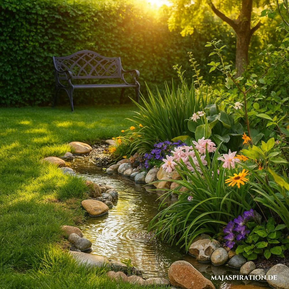 Kleiner Gartenbach im Garten mit Blumenufer