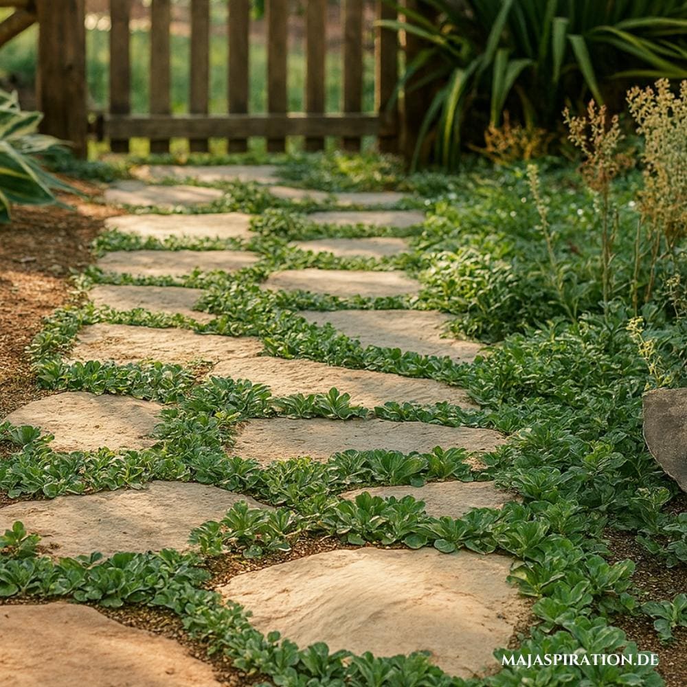 Gartenpfad aus Steinplatten mit grünem Klee in den Zwischenräumen