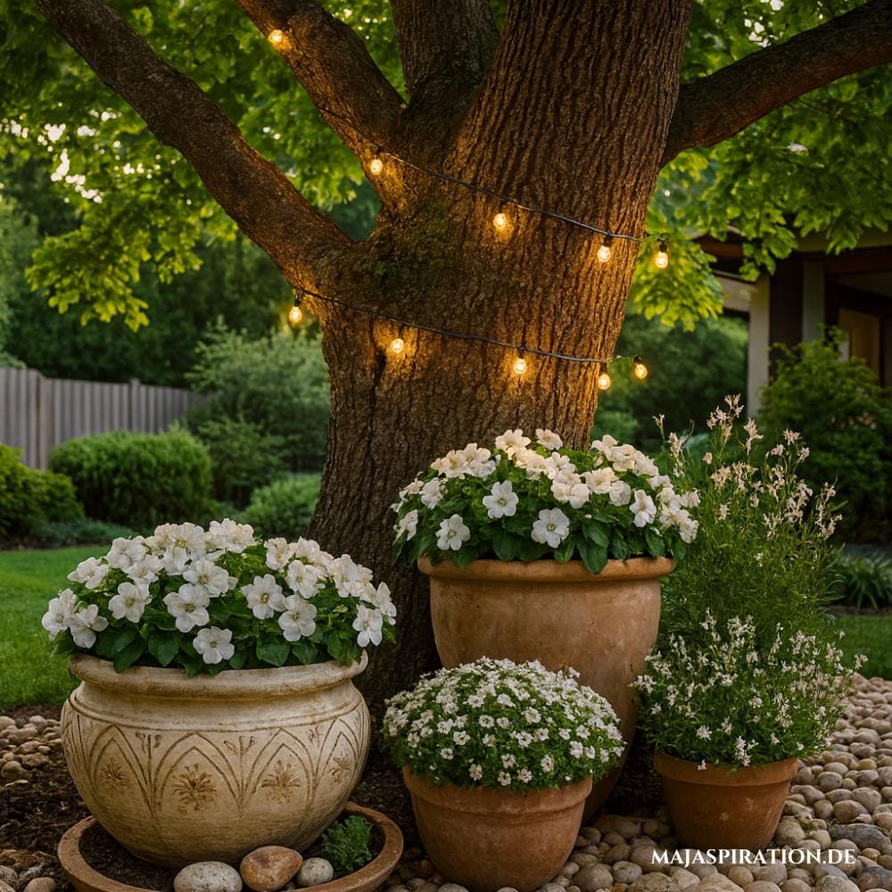 Terrakotta Pflanzentöpfe mit Blumen als Gartendekoration