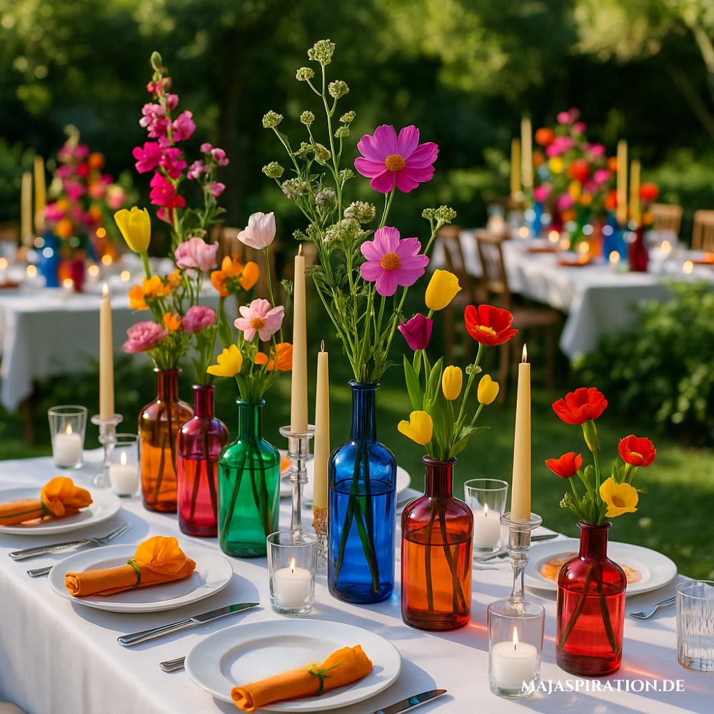 Bunte Hochzeitstisch Deko Idee für den Garten