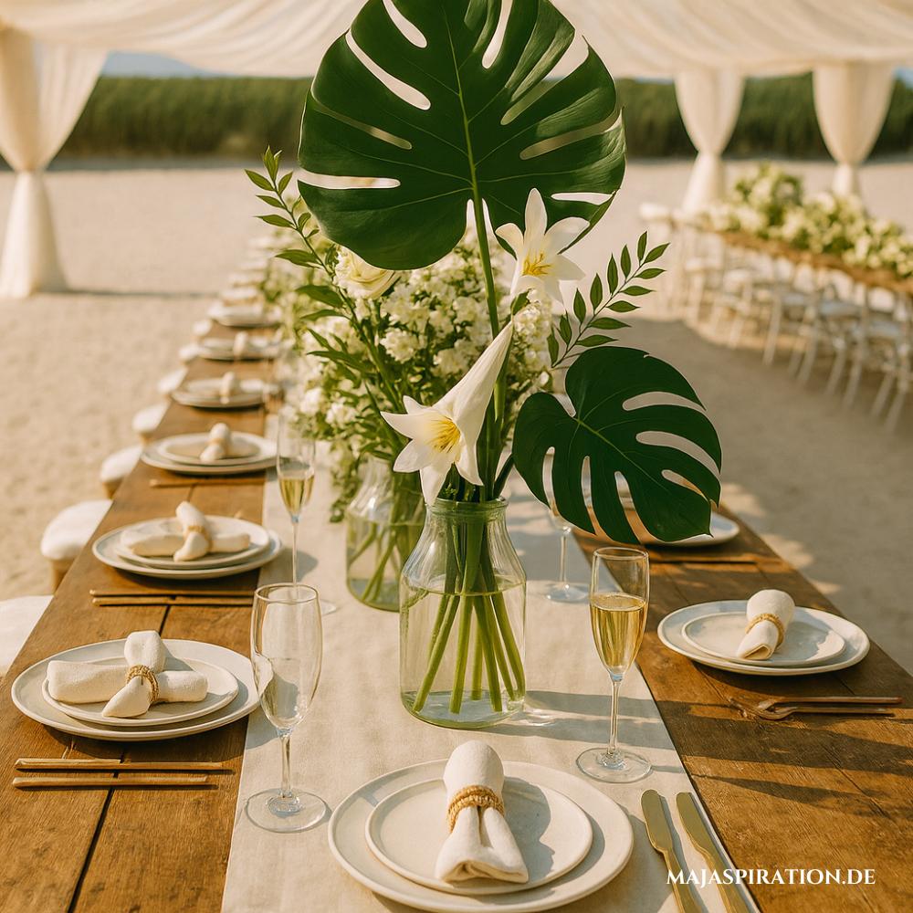 Hochzeitstisch Deko mit Palmenblättern
