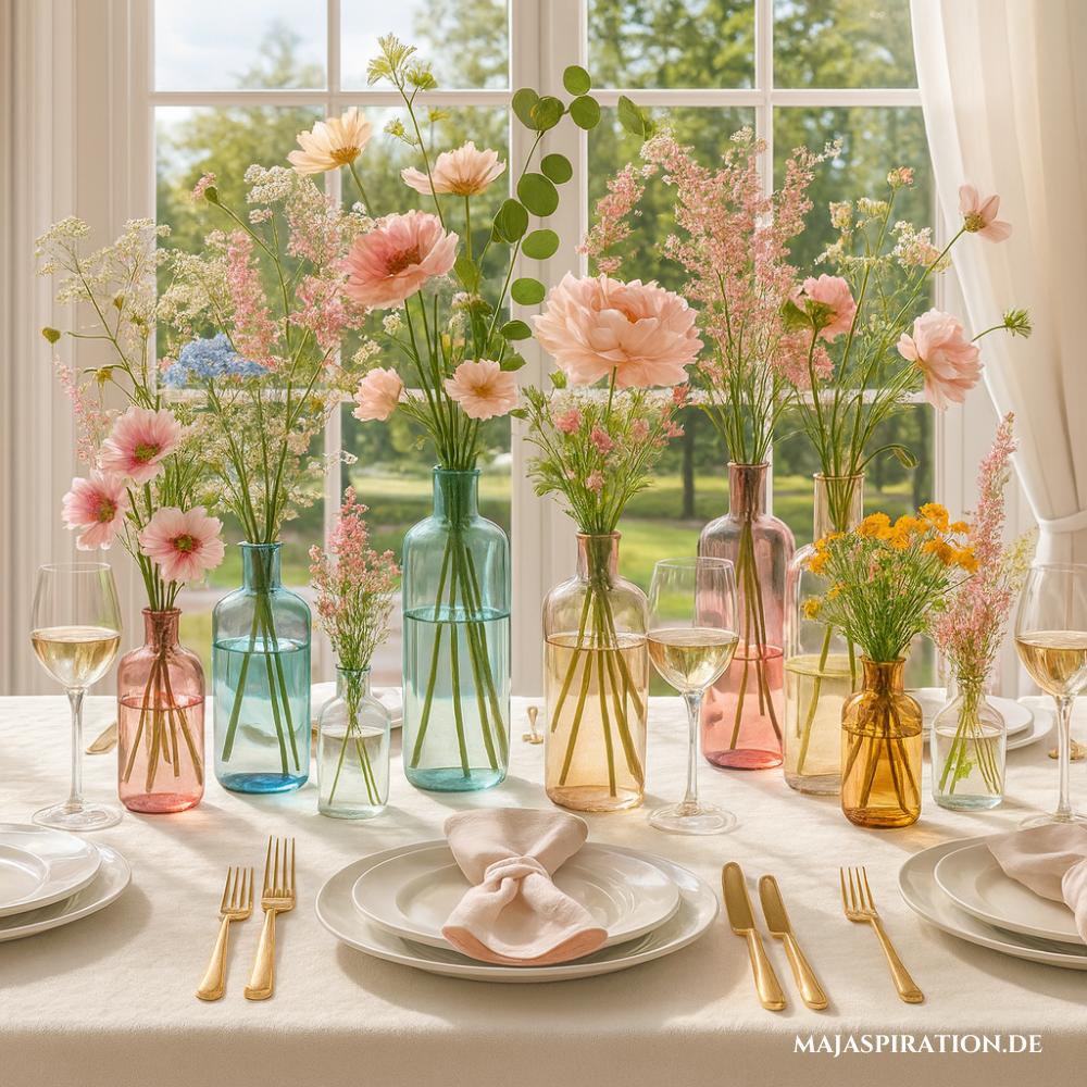 Pastell-Glasvasen Tischdeko Idee für Hochzeiten