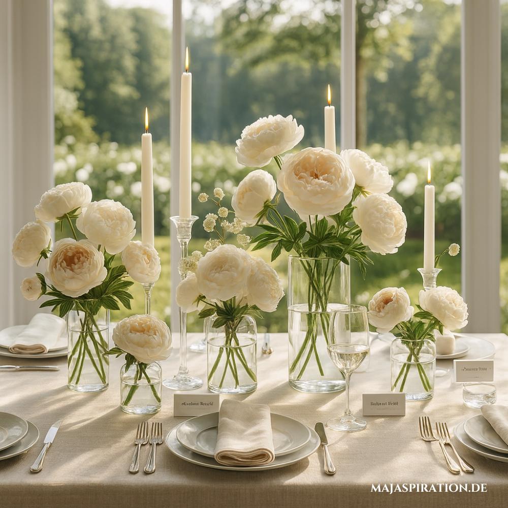 Romantische aber sanfte Hochzeitstisch Deko in Weiß