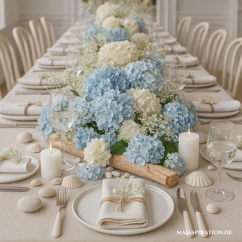 Sanfte Hochzeitstisch Deko mit hellblauen und weißen Hortensien und Treibholz